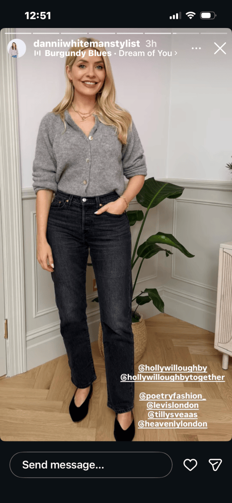 where to get all Holly Willoughby outfits Together grey alpaca cardigan black wash jeans black suede shoes jeans what is Holly wearing 7 September 2026 Photo Danielle Whiteman