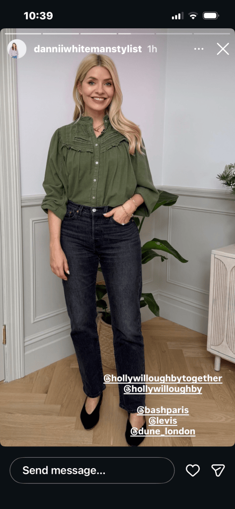 where to get all Holly Willoughby outfits Together khaki green blouse black wash jeans black suede ballet flats what is Holly wearing 21 September 2026 Photo Danielle Whiteman
