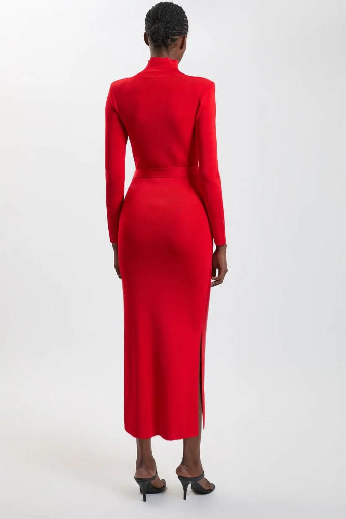 Karen Millen Slinky Drape Knit Power Shoulder Funnel Dress back view
