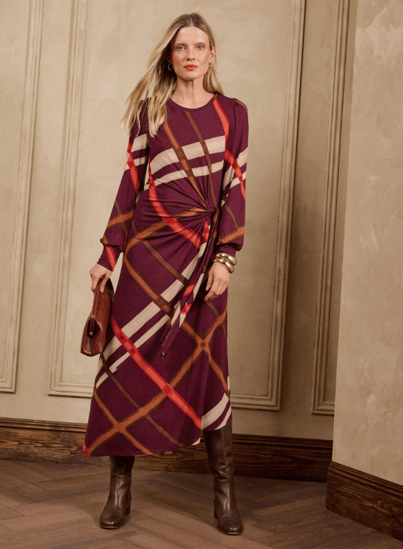 Love & Roses Burgundy Red Check Long Sleeve Tie Detail Jersey Midi Dress