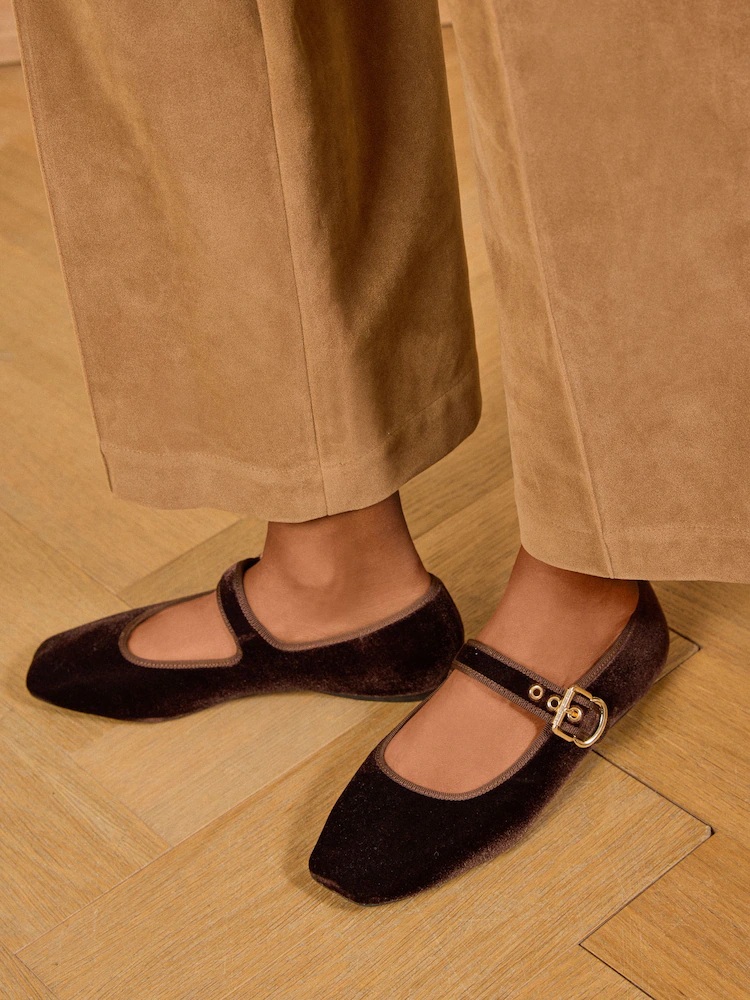 Love & Roses Chocolate Brown Velvet MaryJane Ballerinas