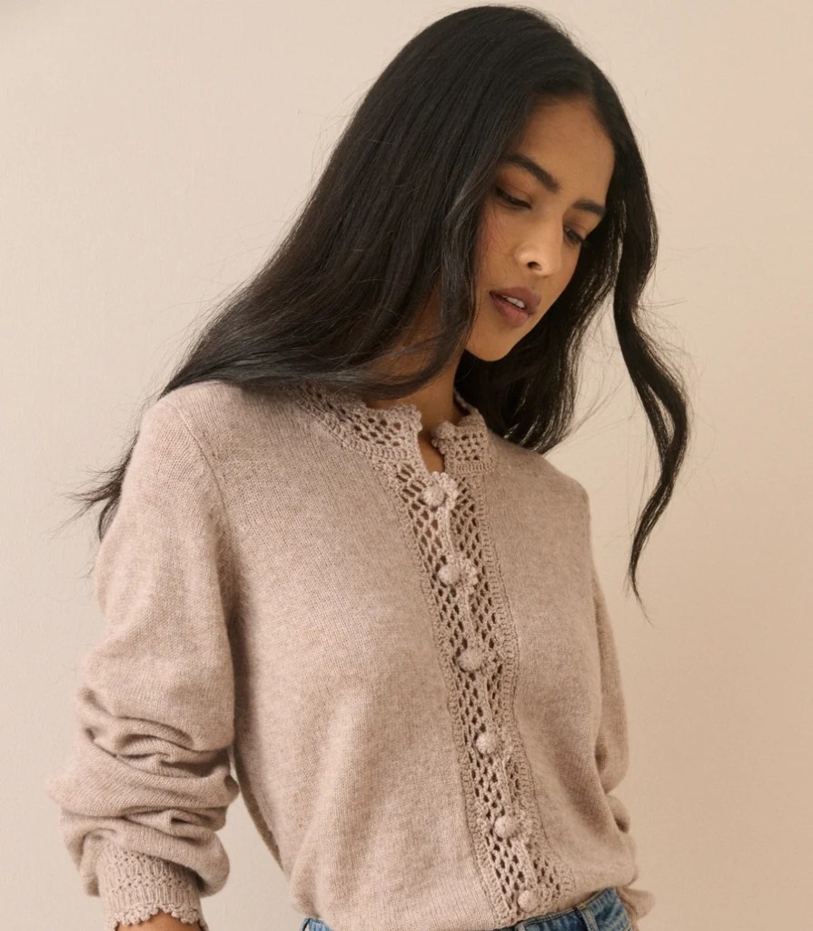 Nobody’s Child Beige Wool-Blend Crochet Trim Crew Neck Cardigan