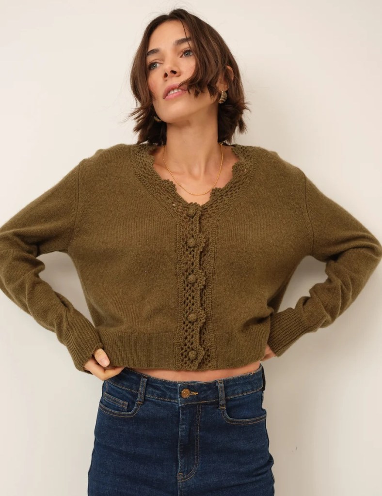 Nobody's Child Khaki Crochet Trim Wool Blend Elodie Cardigan