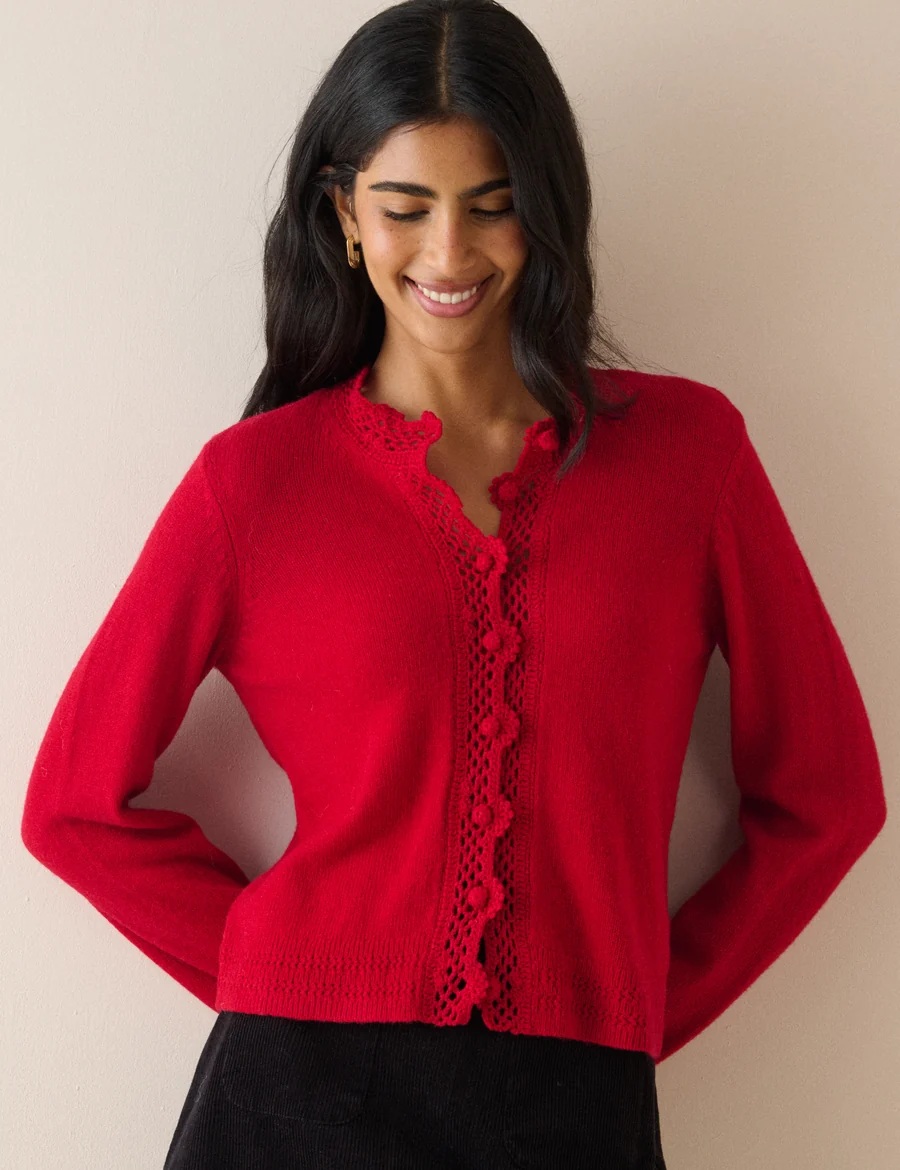 Nobody’s Child Red Wool-Blend Crochet Trim Crew Neck Cardigan