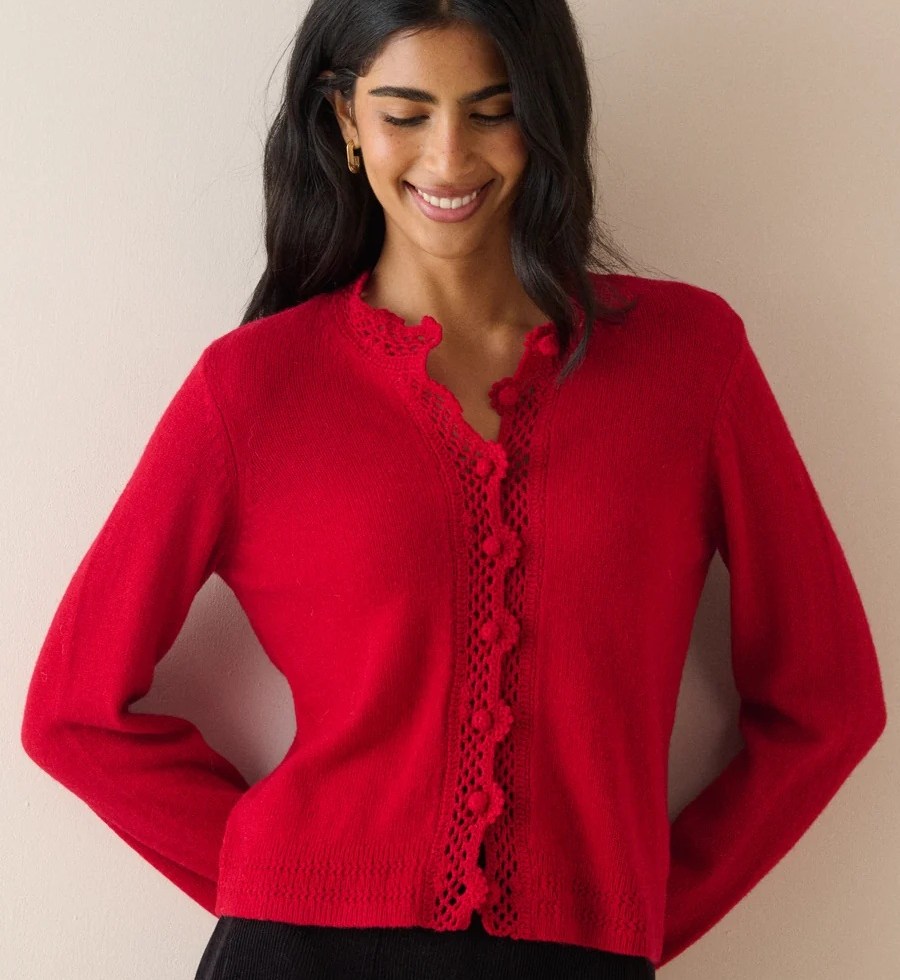 Nobody’s Child Red Wool-Blend Crochet Trim Crew Neck Cardigan