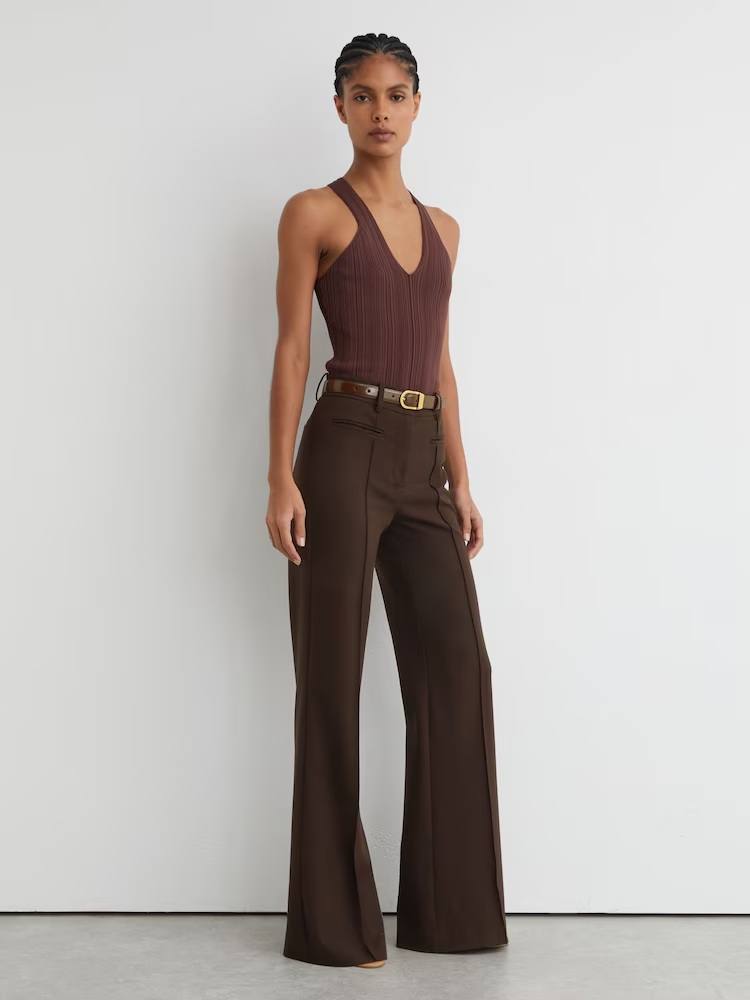 Reiss Claude High Rise Flared Trousers in Chocolate Brown